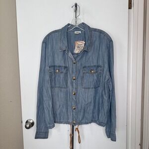 Ivu Jane Womens Light Wash Chambray Button Down Shirt Drawstring Hem Blue Large